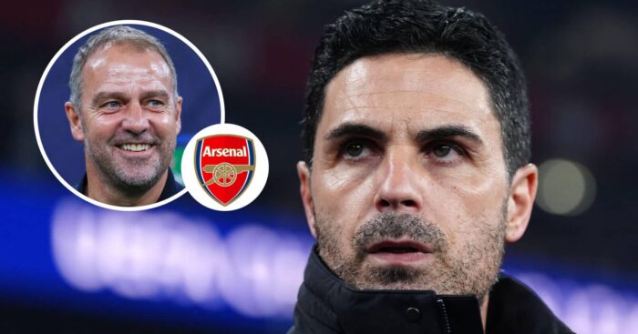 Barcelona manager Hansi Flick, Arsenal badge and Arsenal manager Mikel Arteta - copyright TEAMtalk