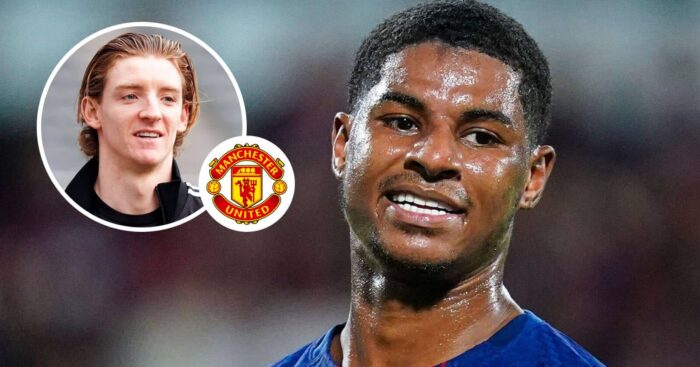 Newcastle United winger Morgan Rogers, Manchester United badge and Barcelona winger Marcus Rashford - copyright TEAMtalk