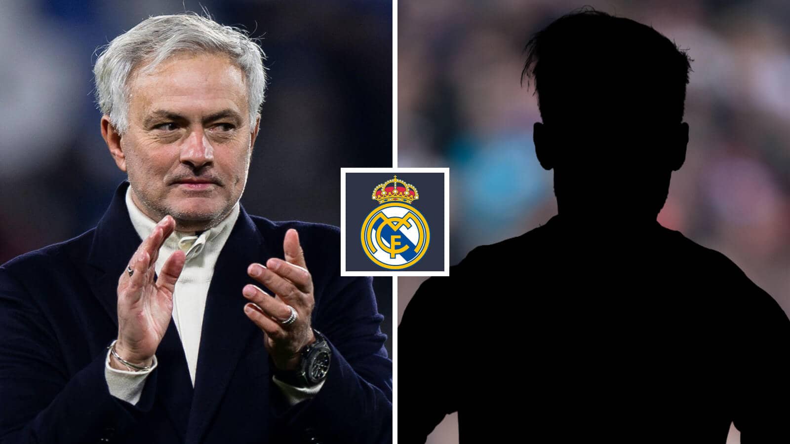 Split image of Incoming Real Madrid manager Jose Mourinho and a shadow, with the Real Madrid badge in between - copyright TEAMtalk