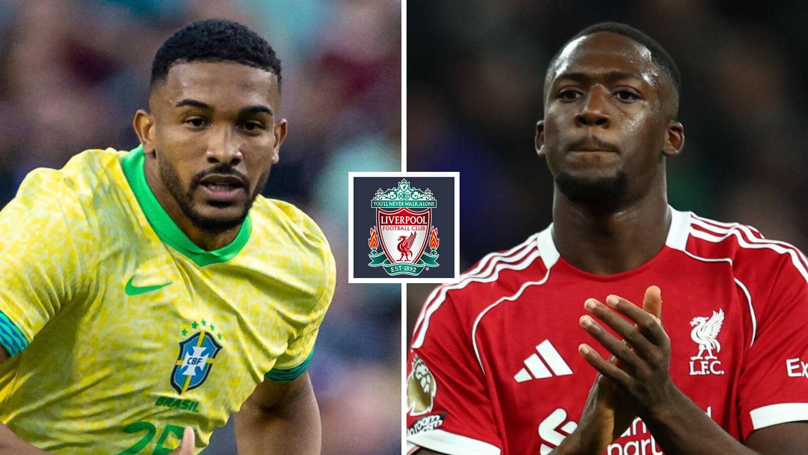 Juventus and Brazil defender Gleison Bremer next to Ibrahima Konate, either side of the Liverpool badge