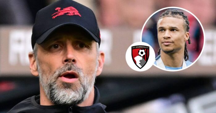 New Bournemouth boss Marco Rose and, inset, Nathan Ake of Manchester City next to the AFC Bournemouth badge