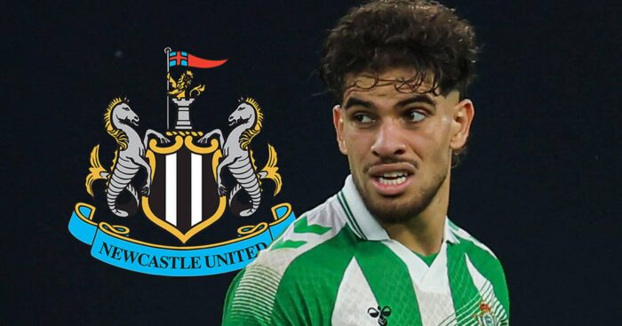 Real Betis winger Abde Ezzalzouli next to the Newcastle United badge