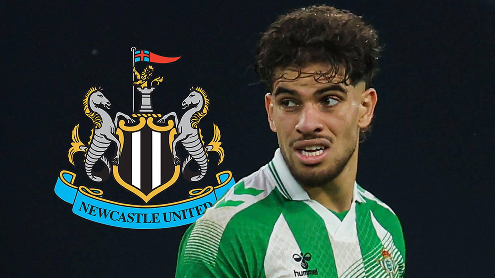 Real Betis winger Abde Ezzalzouli next to the Newcastle United badge