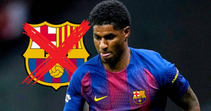 A crossed Barcelona badge next to Manchester United-owned winger Marcus Rashford - copyright TEAMtalk