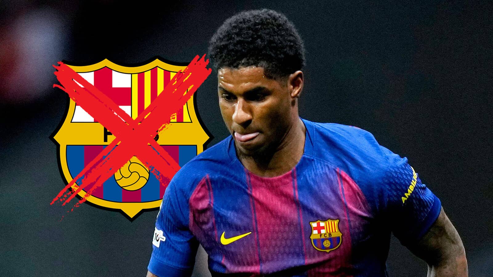 A crossed Barcelona badge next to Manchester United-owned winger Marcus Rashford - copyright TEAMtalk