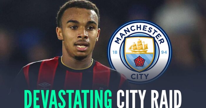 Bournemouth star Eli Junior Kroupi next to the Manchester City badge and the words 'devastating City raid'