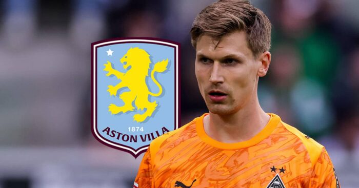 Gladbach goalkeeper Mortiz Nicolas with an Aston Villa badge