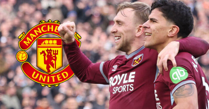 West Ham stars Jarrod Bowen and Mateus Fernandes next to the Manchester United badge