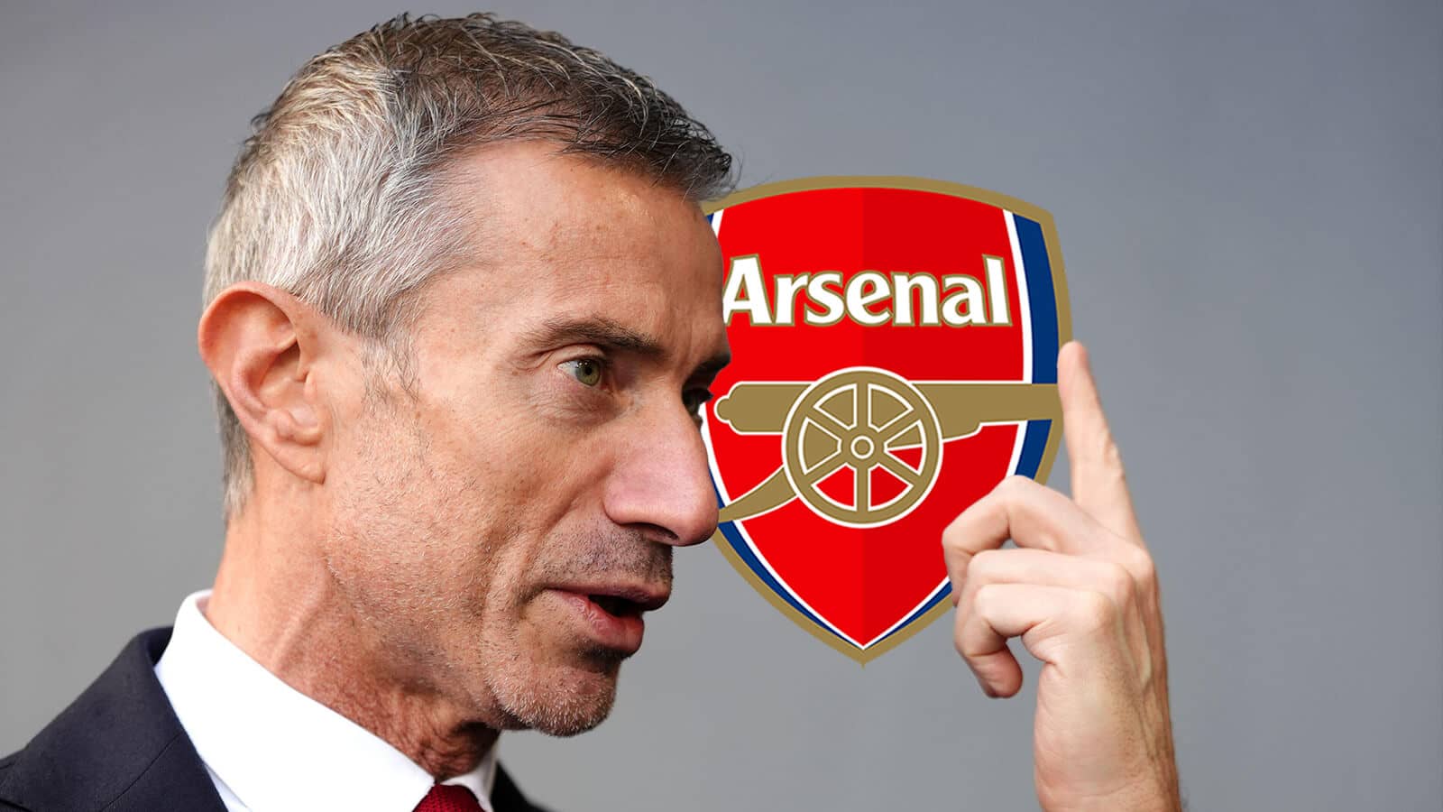 Arsenal sporting director Andrea Berta next to his club's badge