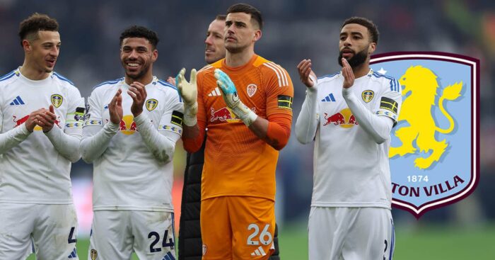 Leeds captain Ethan Ampadu, seen here with James Justin, Karl Darlow and Jayden Bogle, next to the Aston Villa badge