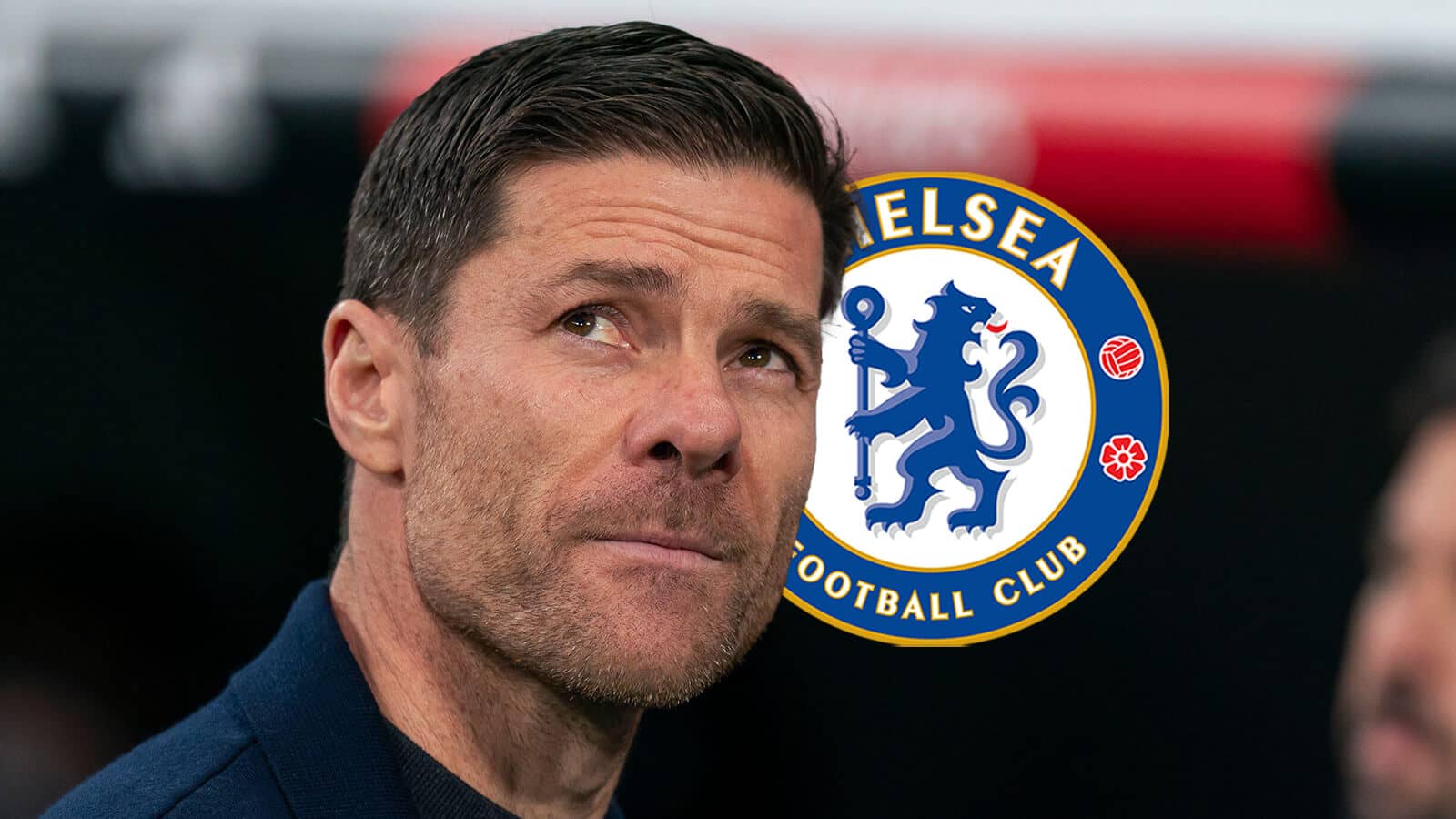 Chelsea manager Xabi Alonso next to the club badge