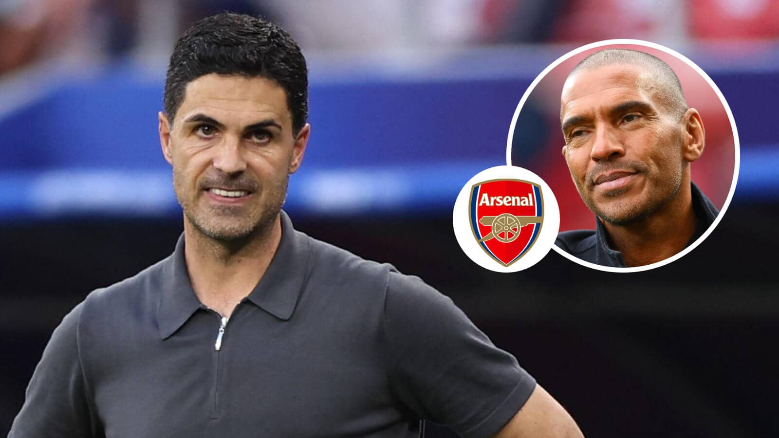 Arsenal manager Mikel Arteta, Arsenal badge and Stan Collymore - copyright TEAMtalk