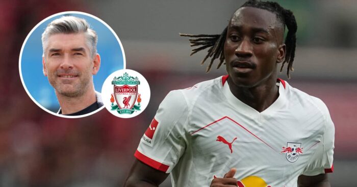 Liverpool sporting director Richard Hughes, Liverpool badge and RB Leipzig winger Yan Diomande - copyright TEAMtalk
