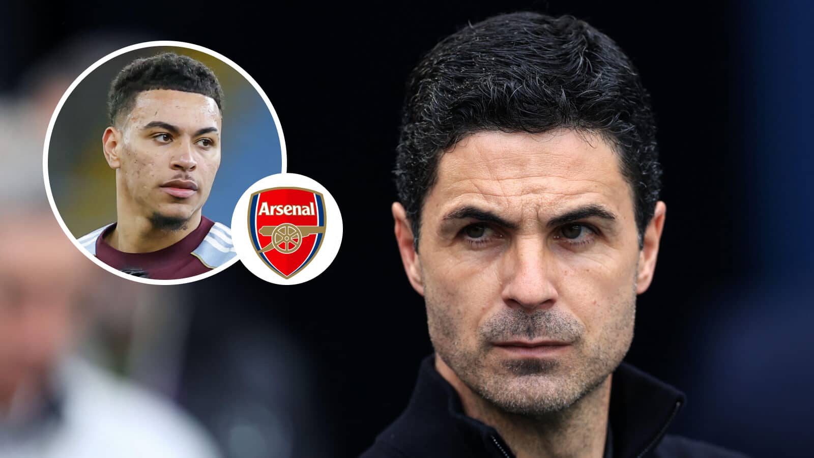 Morgan Rogers, Arsenal badge and Mikel Arteta - copyright TEAMtalk