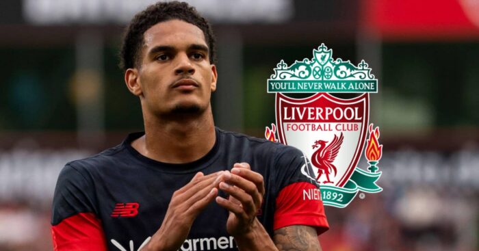 Bayer Leverkusen defender Jarell Quansah next to the Liverpool badge - copyright TEAMtalk