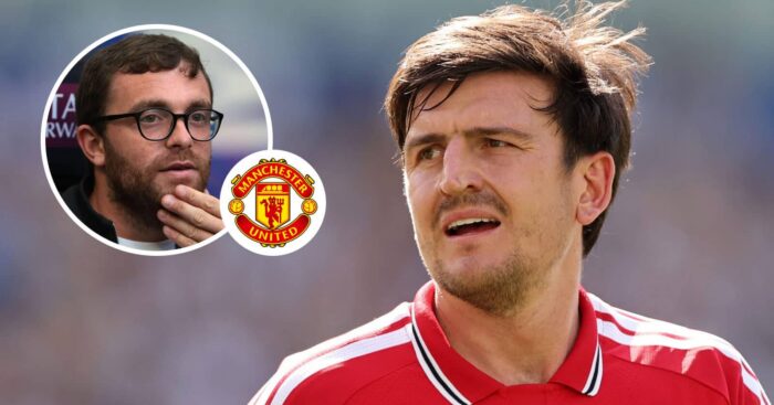 Fabrizio Romano, Manchester United badge and Harry Maguire - copyright TEAMtalk