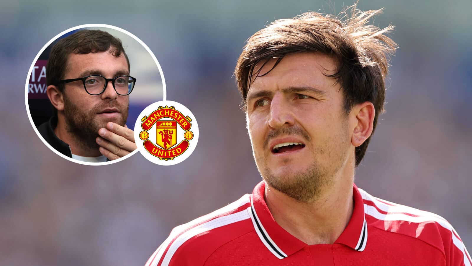Fabrizio Romano, Manchester United badge and Harry Maguire - copyright TEAMtalk