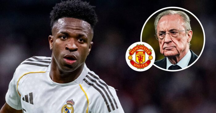 Real Madrid winger Vinicius Junior, Manchester United badge and Real Madrid president Florentino Perez - copyright TEAMtalk