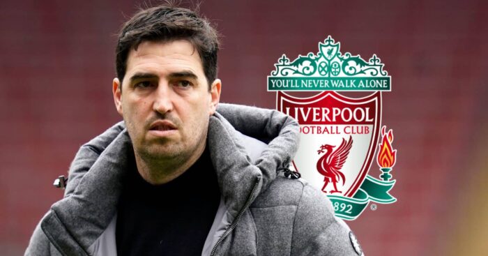 Andoni Iraola next to the Liverpool badge