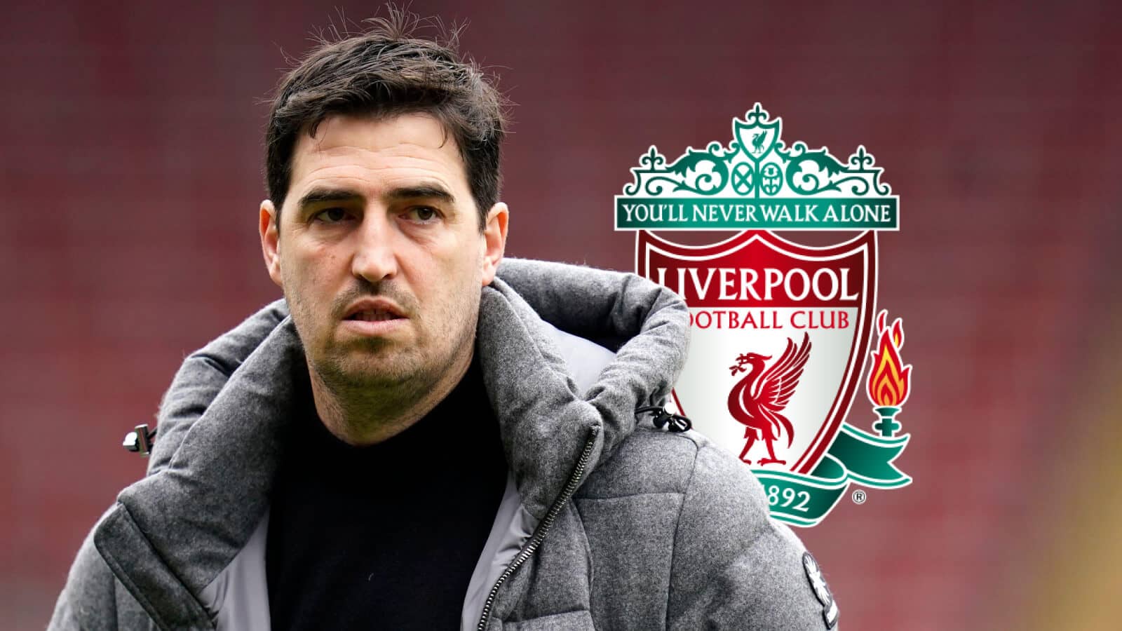 Andoni Iraola next to the Liverpool badge