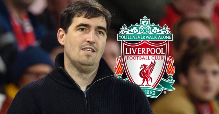 Andoni Iraola next to the Liverpool badge