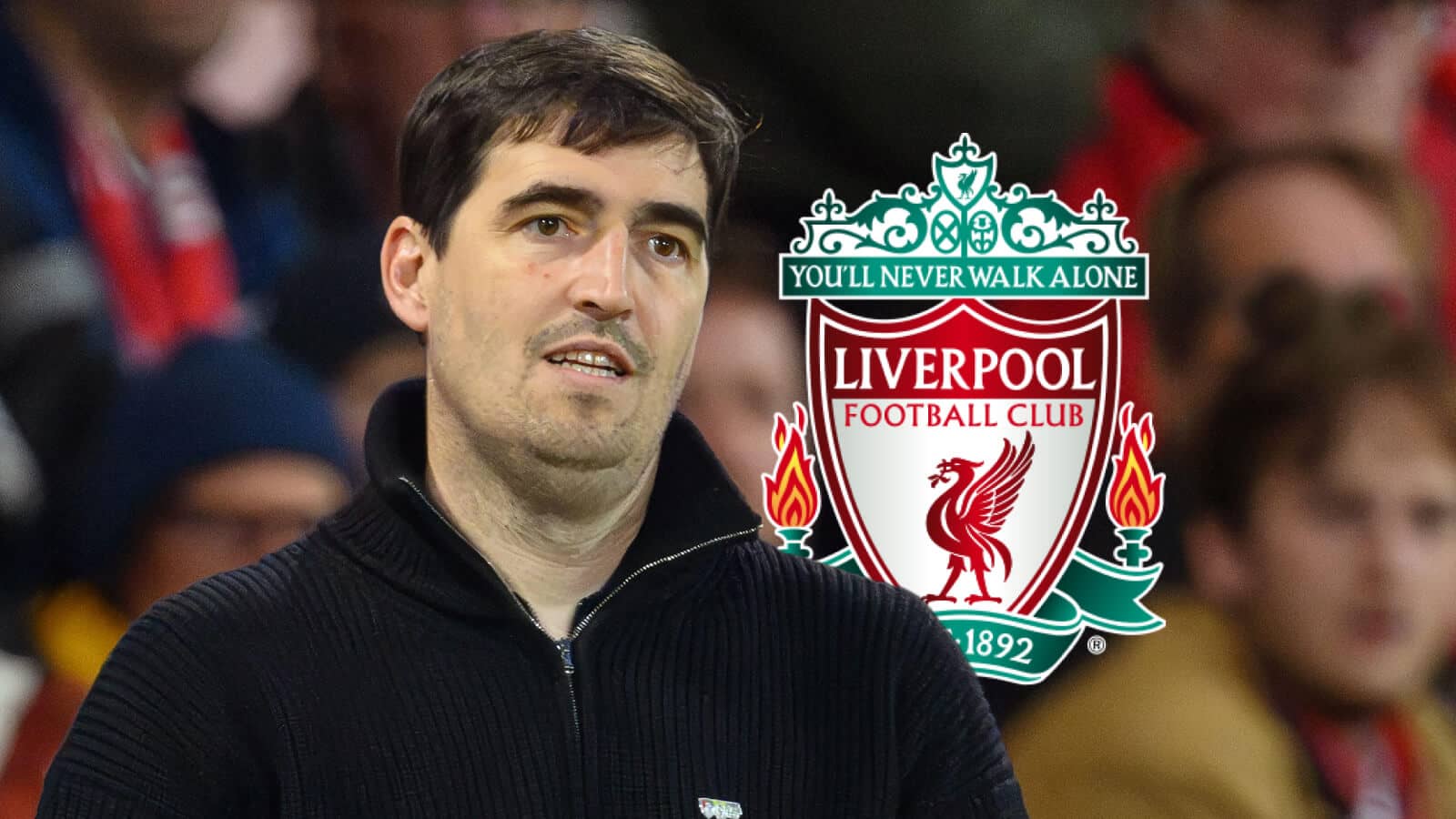 Andoni Iraola next to the Liverpool badge