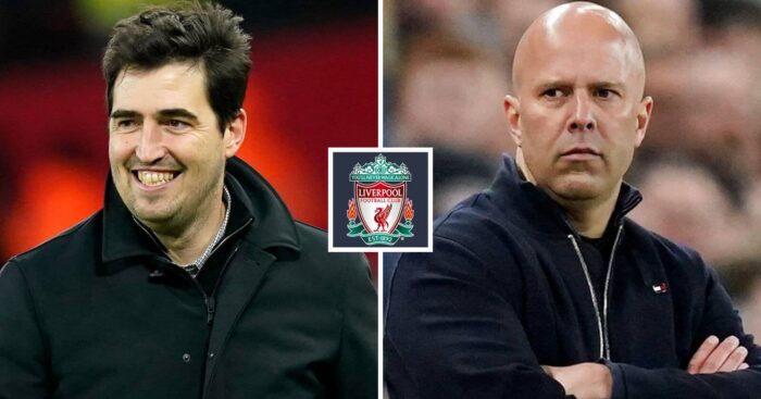 Andoni Iraola is poised to replace Arne Slot as Liverpool manager - here the two men are either side of the Liverpool FC badge