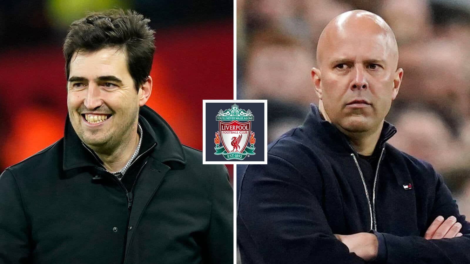 Andoni Iraola is poised to replace Arne Slot as Liverpool manager - here the two men are either side of the Liverpool FC badge