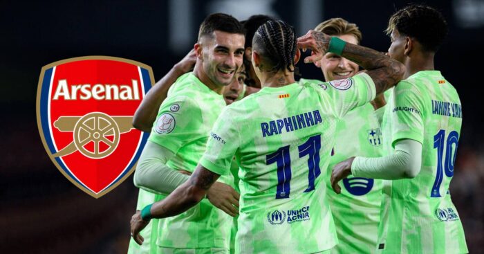 Ferran Torres, seen here celebrating a Barcelona goal with Raphinha and Lamine Yamal, next to the Arsenal badge