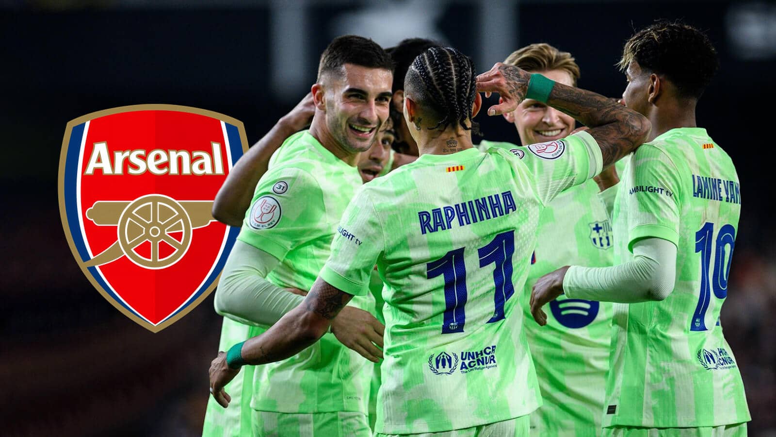 Ferran Torres, seen here celebrating a Barcelona goal with Raphinha and Lamine Yamal, next to the Arsenal badge