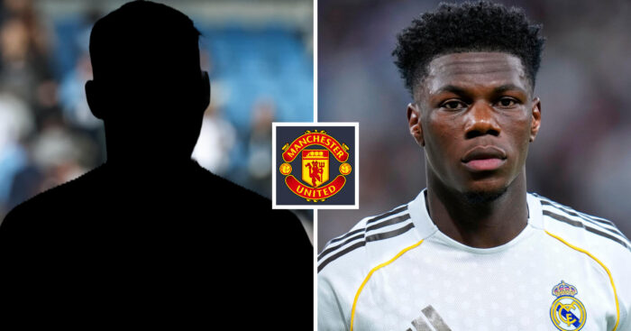 Silhouette player, Man Utd badge, Real Madrid midfielder Aurelien Tchouameni