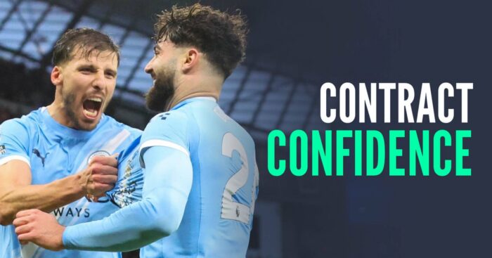 Manchester City want to tie Josko Gvardiol, seen here with Ruben Dias, down to a new deal. Next to them are the words 'contract confidence'