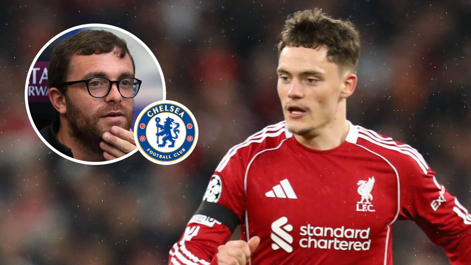 Fabrizio Romano, Chelsea badge and Liverpool star Florian Wirtz - copyright TEAMtalk