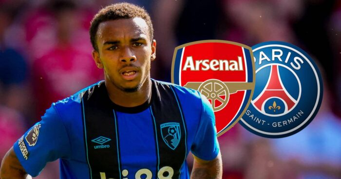 Bournemouth star Eli Junior Kroupi with Arsenal and PSG badges