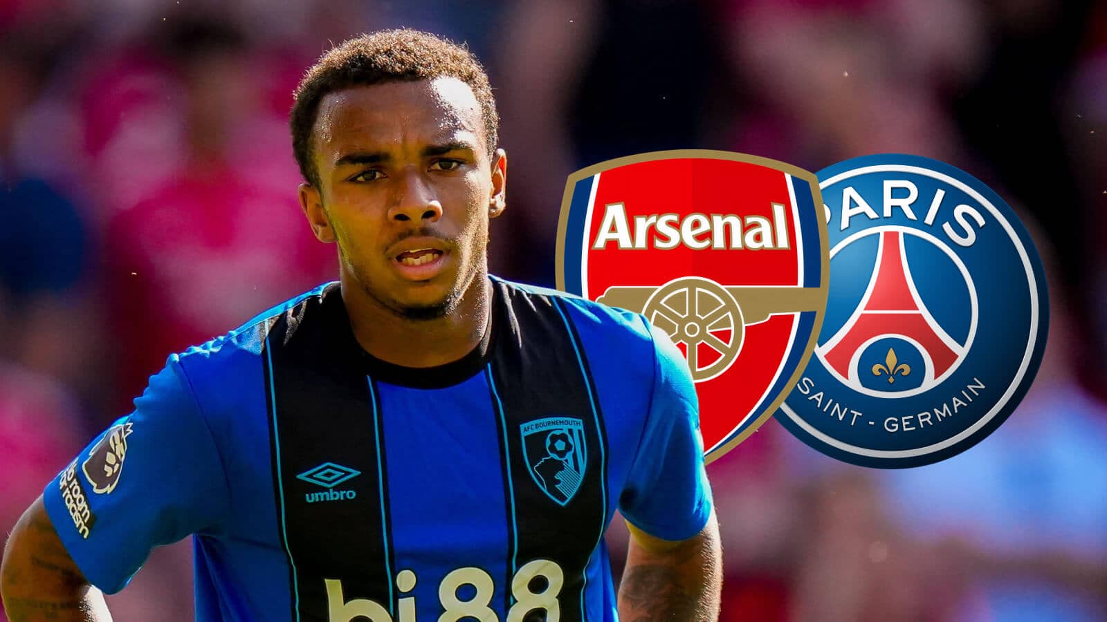Bournemouth star Eli Junior Kroupi with Arsenal and PSG badges