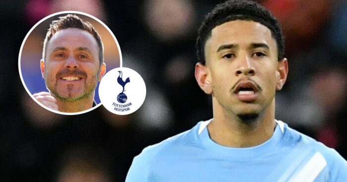 Roberto De Zerbi, Tottenham Hotspur badge and Manchester CIty winger Savinho - copyright TEAMtalk