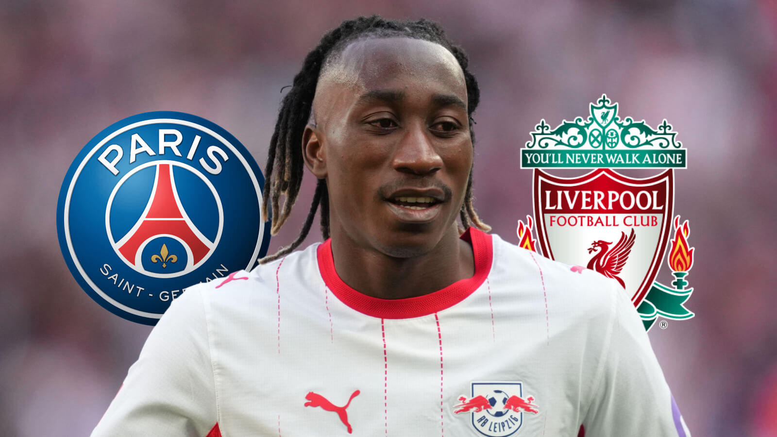 RB Leipzig winger Yan Diomande, PSG and Liverpool badges