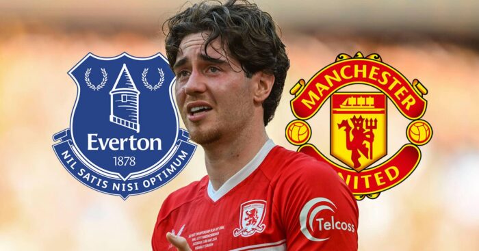 Everton badge, Middlesbrough midfielder Hayden Hackney and Manchester United badge - copyright TEAMtalk