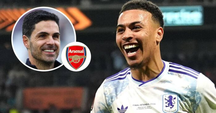 Mikel Arteta, Arsenal badge and Aston Villa star Morgan Rogers - copyright TEAMtalk
