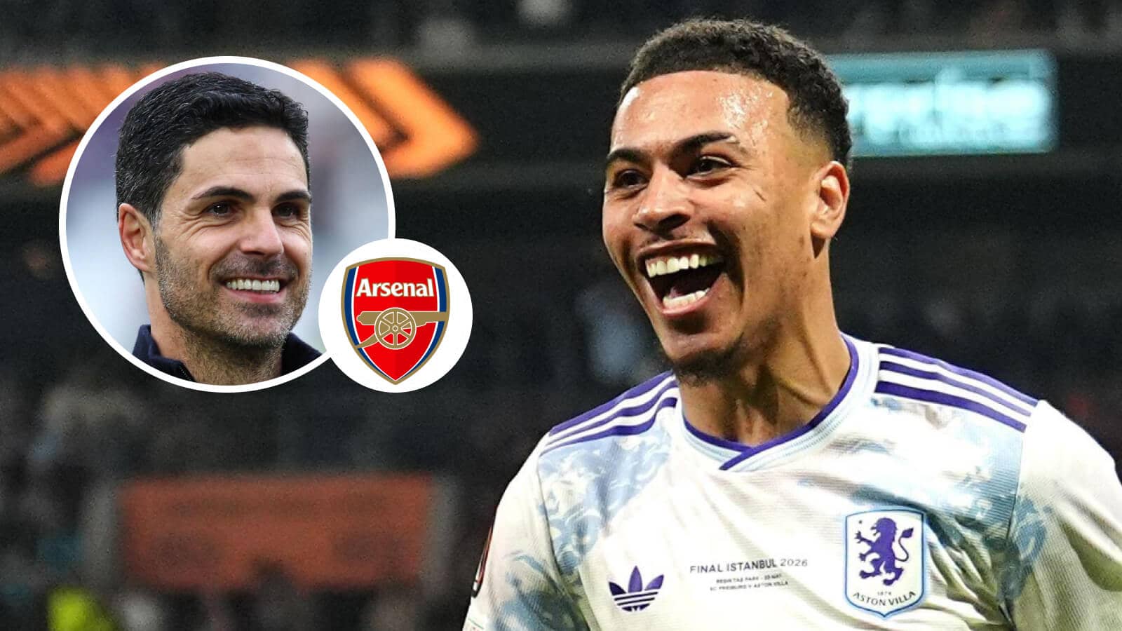 Mikel Arteta, Arsenal badge and Aston Villa star Morgan Rogers - copyright TEAMtalk