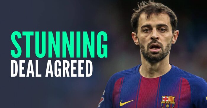 Departing Manchester City star Bernardo Silva with a Barcelona shirt Photoshopped on him and the words 'stunning deal agreed'