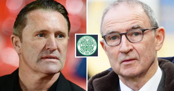 Robbie Keane and Martin O'Neill, with a Celtic badge