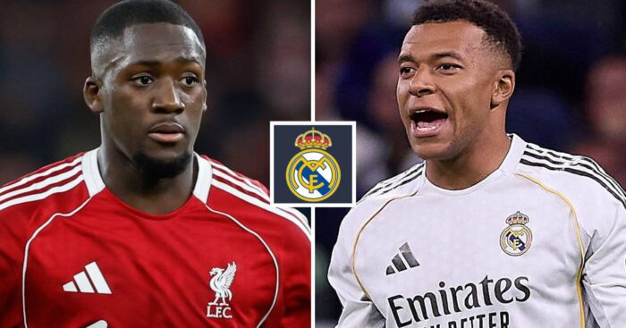 Split image of Outgoing Liverpool defender Ibrahima Konate and Real Madrid striker Kylian Mnappe with the Real Madrid badge in between - copyright TEAMtalk