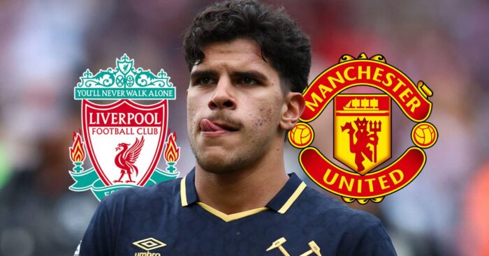 West Ham midfielder Mateus Fernandes next to the badges of Liverpool and Manchester United