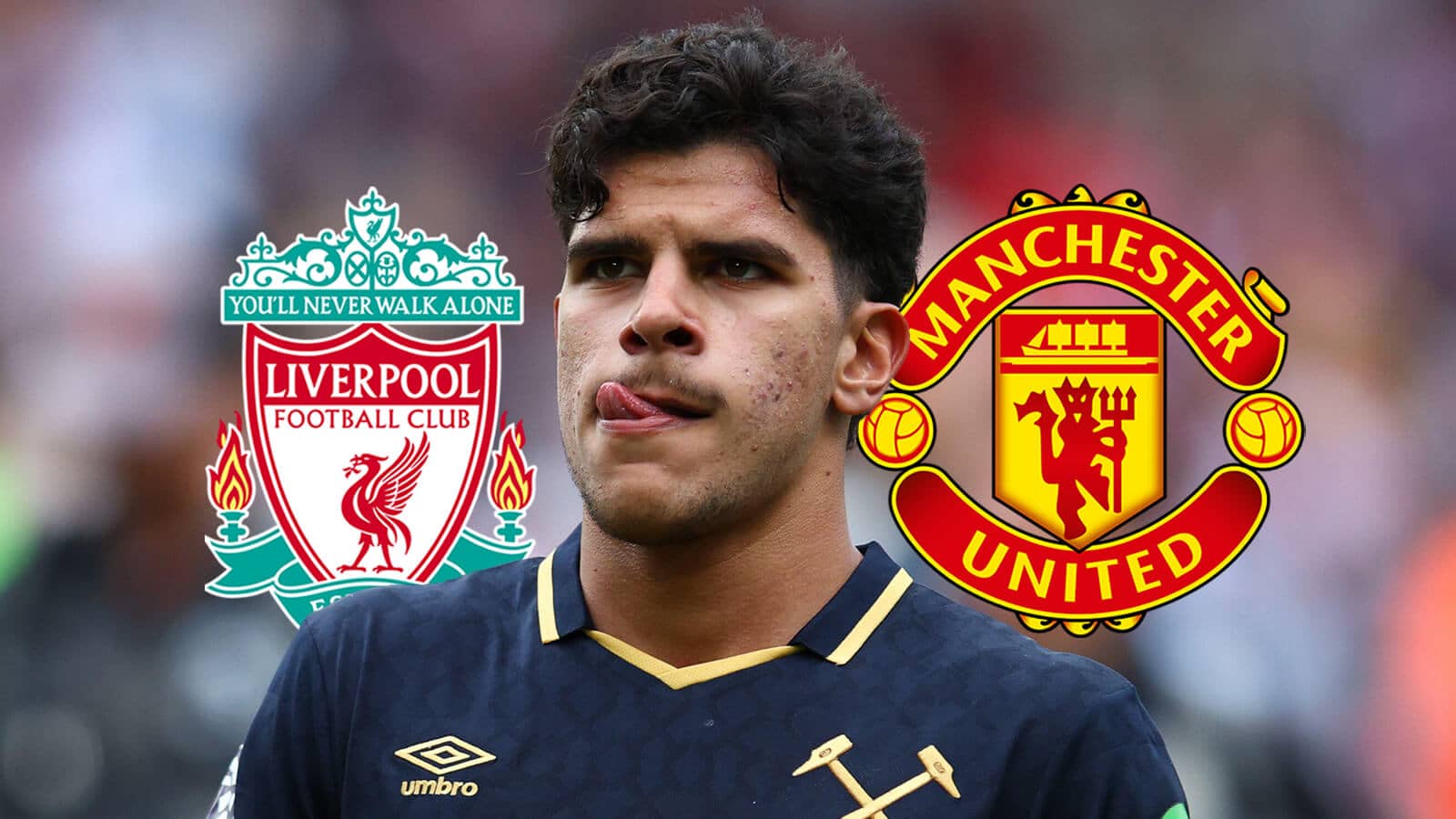 West Ham midfielder Mateus Fernandes next to the badges of Liverpool and Manchester United