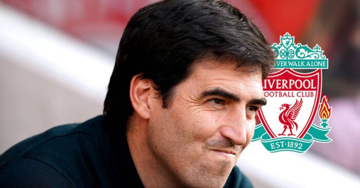 Incoming new Liverpool manager Andoni Iraola next to the club badge