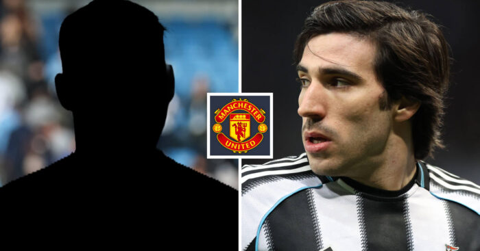 Silhouette player, Newcastle midfielder Sandro Tonali, Man Utd badge