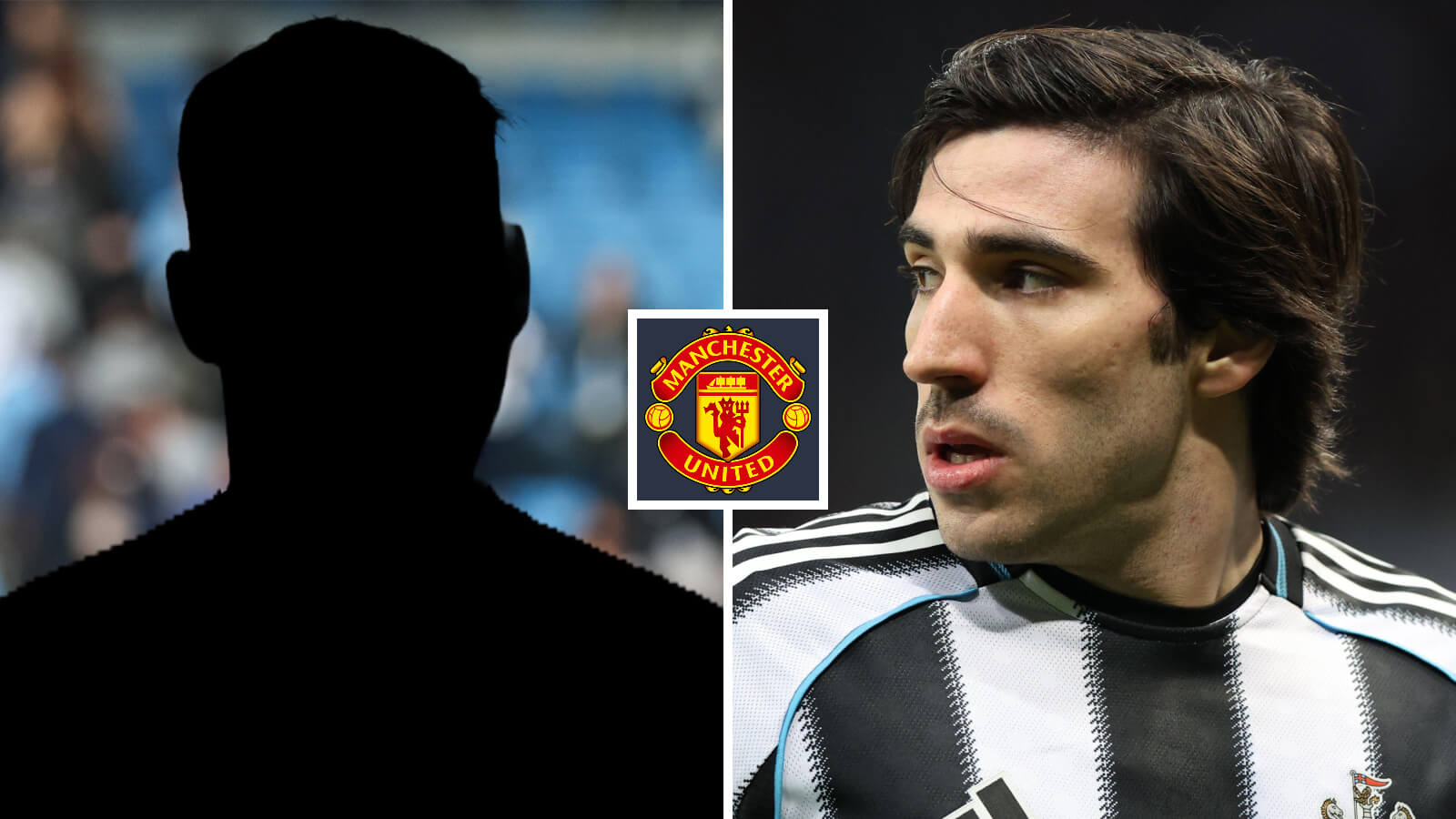 Silhouette player, Newcastle midfielder Sandro Tonali, Man Utd badge