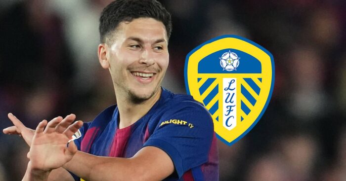 Barcelona winger Roony Bardghji next to the Leeds United badge