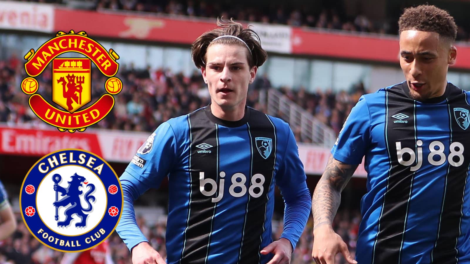 Bournemouth midfielder Alex Scott with Man Utd, Chelsea badges